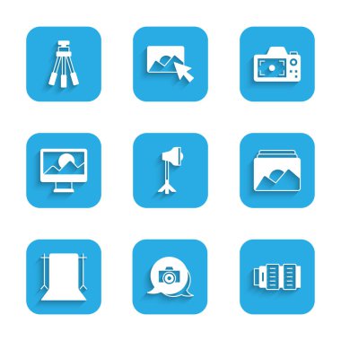 Stüdyo ampulünü Softbox Photo kamera fotoğraf makinesi lens çerçeve boş stüdyo rötuş ve Tripod simgesine ayarla. Vektör.