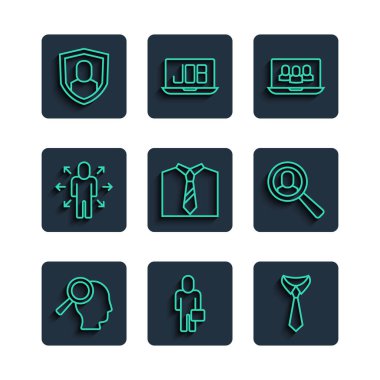 İş adamı kravat projesi ekibinin Üs Üs Yöneticisi Kullanıcı koruması ve simgesi için satır büyüteci ayarla. Vektör.