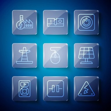 Hat müzik çalar Elektrolitik kapasitör Yüksek voltajlı Bilgisayar Fare Elektrik kulesi Nükleer enerji santrali ve Güneş enerjisi panel simgesi ayarla. Vektör.