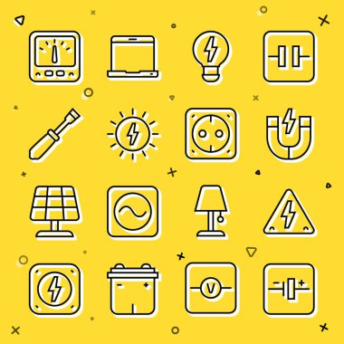 DC voltaj kaynağı yüksek mıknatıslı lamba fikri güneş enerjisi paneli amper metre multimetre ve elektrik çıkış ikonu ayarlayın. Vektör.