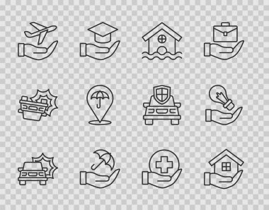 Hat kazası evlerini su bastı Şemsiye Uçak Hayat Sigortası ve ampul ikonu. Vektör.