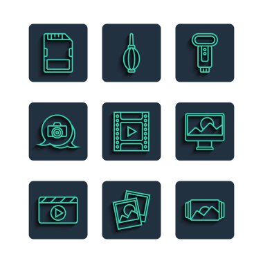 Movie clapper Photo çerçeve kamera flaş film rulo kartuşu SD kart ve rötuş simgesi ayarla. Vektör.