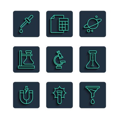 Satürn Gezegeni Mikroskop Test Tüpü Pipette ve ikonuna mıknatıs patlaması yerleştirin. Vektör.