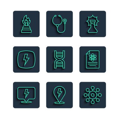 Işık saçan virüs dizisini ayarlayın. Alkol ya da ruh yakıcı ve kimya ikonunun DNA sembolü olan şişeyi patlatın. Vektör.