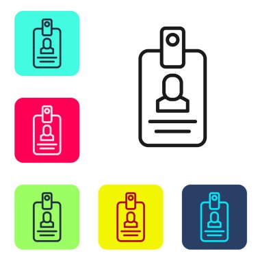 Beyaz arkaplanda siyah çizgi tanımlama simgesi izole edildi. Sunum için, şirketin kimliği için, reklam için kullanılabilir. Renkli kare düğmelerle simgeleri ayarla. Vektör.