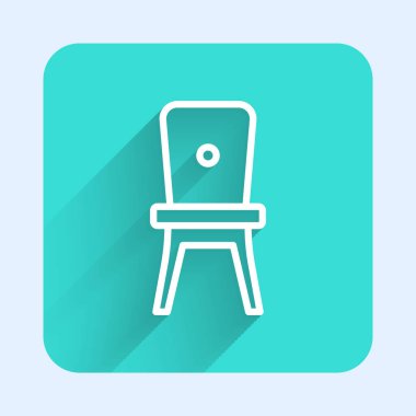 Beyaz çizgi sandalye simgesi uzun gölge arkaplanı ile izole edildi. Yeşil kare düğmesi. Vektör.