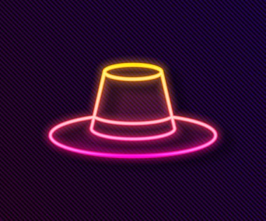 Siyah arka planda izole edilmiş kurdele ikonu olan parlak neon çizgili adam şapkası. Vektör.