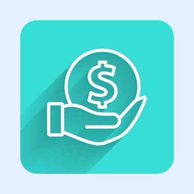 Beyaz çizgi Para kalkan simgesi ile uzun gölge arkaplan izole. Sigorta konsepti. Güvenlik, güvenlik, koruma, konsept koruma. Yeşil kare düğmesi. Vektör.