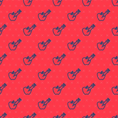 Mavi çizgi, kırmızı arka planda genetik olarak değiştirilmiş elma simgesi izole edilmiş. GDO meyvesi. Elmaya şırınga enjekte ediliyor. Vektör.