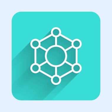 Beyaz çizgi Molekül simgesi uzun gölge arkaplanı ile izole edildi. Kimya moleküllerinin yapısı, fen öğretmenlerinin yenilikçi eğitim posteri. Yeşil kare düğmesi. Vektör.