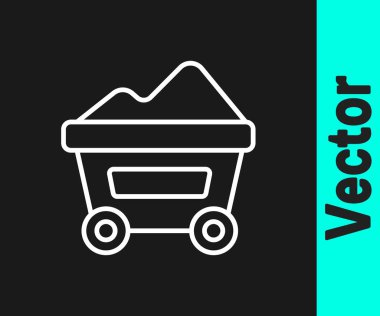 Beyaz çizgi kömür madeni tramvay ikonu siyah arka planda izole edilmiş. Fabrika kömür madeni vagonu. Vektör.