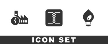 Nükleer santrali elektrik transformatörü ve ampulü yaprak simgesiyle kurun. Vektör.