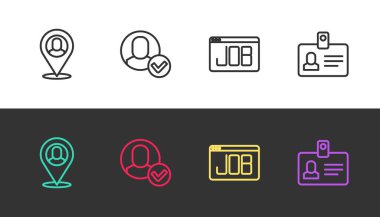 Çizgi işçisi konumu arama işi ve kimlik kartlarını siyah beyaz olarak ayarla. Vektör.