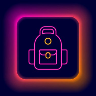 Parlayan neon çizgisi okul sırt çantası simgesi siyah arkaplanda izole edildi. Renkli taslak konsepti. Vektör