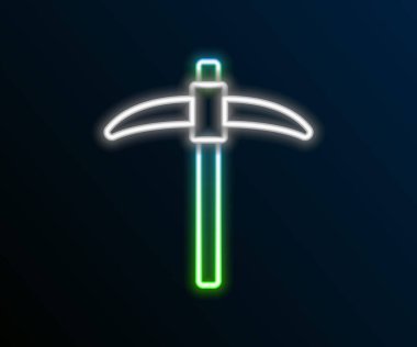 Parlayan neon çizgisi Kazma simgesi siyah arkaplanda izole edildi. Renkli taslak konsepti. Vektör