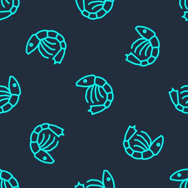 Yeşil çizgi karides simgesi mavi arkaplandaki kusursuz deseni izole etti. Vektör.