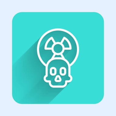 Beyaz çizgi Radyoaktif simge uzun gölge arkaplan izole. Radyoaktif zehirli sembol. Radyasyon tehlikesi işareti. Yeşil kare düğmesi. Vektör