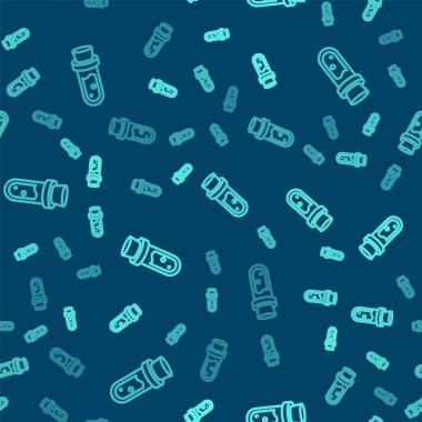 İksir ikonlu yeşil çizgi şişesi mavi arka planda izole edilmiş pürüzsüz desen. Sihirli iksirli matara. Mutlu Cadılar Bayramı Partisi. Vektör