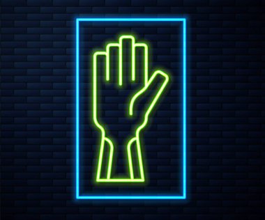 Parlayan neon çizgisi. Tuğla duvar arkasında koruyucu eldiven simgesi izole edilmiş. Vektör