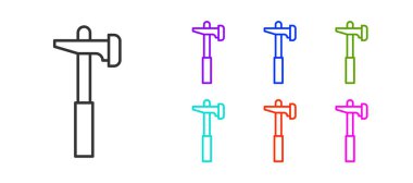 Siyah çizgi çekiç simgesi beyaz arkaplanda izole edildi. Tamir için bir araç. Simgeleri renklendirin. Vektör