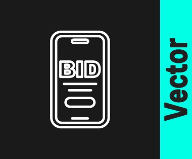 Beyaz Hat Online açık artırma simgesi siyah arkaplanda izole edildi. Teklif tabelası. Açık arttırma teklifi. Satış ve alıcılar. Vektör