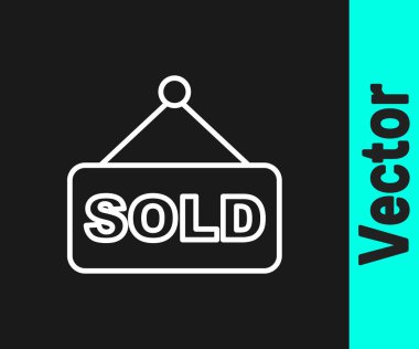 Siyah arkaplanda izole edilmiş metin satışı simgesi olan beyaz çizgi asma işareti. Açık arttırma satıldı. Tabela satıldı. Teklif konsepti. Açık arttırma yarışması. Vektör