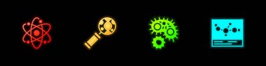 Atom, DNA araştırması, arama, virüs ve kimyasal formül ikonunu ayarla. Vektör.
