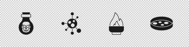 Zehiri şişeye, moleküle, alkole veya ruh yakıcıya ve bakteri ikonlu Petri kabına koyun. Vektör