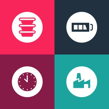 Pop Sanat Fabrikası yapımı, Clock, Battery ve Bowl ikonunu ayarla. Vektör