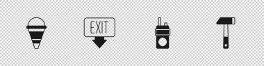 Yangın konisi kovası, çıkış, telsiz ve çekiç ikonu hazırlayın. Vektör