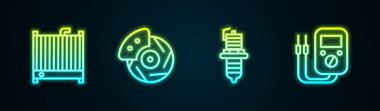 Otomobil radyatörü soğutma sistemi, fren diskini kalibre, buji ve Multimetre ile ayarla. Parlayan neon ikonu. Vektör