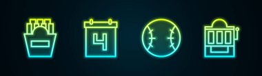 Patates kızartmasını kutuya koy, 4 Temmuz tarihli takvim, beysbol topu ve slot makinesi. Parlayan neon ikonu. Vektör