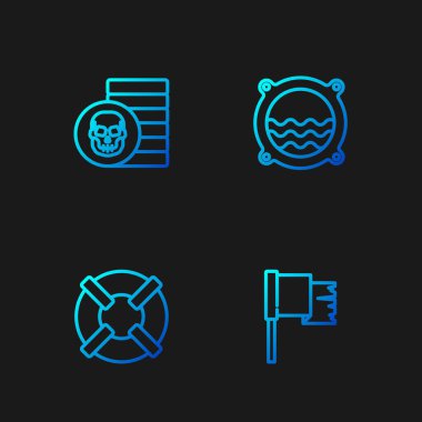 Korsan bayrağı, Lifebuoy, madeni para ve deniz manzaralı gemi penceresi. Renk simgeleri. Vektör