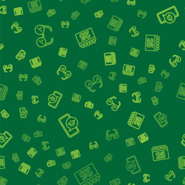 Hat gözlüğü, cep telefonu mezuniyet şapkası ve Takvim 'i kusursuz desen üzerine ayarla. Vektör