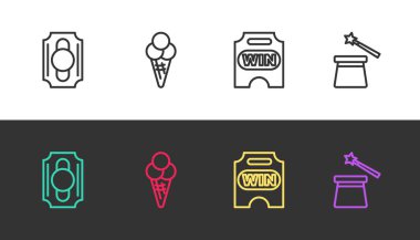 Sirk bileti, waffle külahında dondurma ve siyah beyaz üzerine sihirli şapka ve değnek. Vektör