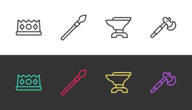 Kral tacı, Ortaçağ mızrağı demircilik için örs ve siyah beyaz üzerine tahta balta. Vektör