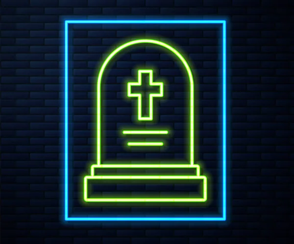 Glowing Neon Line Grave Tombstone Icon Isolated Brick Wall Background — Stock Vector