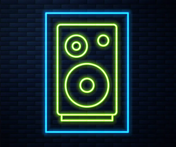 Parlayan Neon Hattı Stereo Hoparlör Ikonu Tuğla Duvar Arka Planında — Stok Vektör