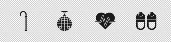 Set Walking Stick Cane Disco Ball Heart Rate Slippers Icon — Stock Vector