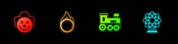 クラウンヘッド サーカスの火の輪 おもちゃの列車 観覧車のアイコンを設定します ベクトル — ストックベクタ