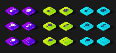 Masa tenisi oynamak için raket ayarlayın. Golf ödülü kupası. Kalp atışı hızını gösteren akıllı saat. Rugby topu ve madalya ikonu. Vektör.