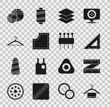 Askı elbise bant ölçüsü üçgen cetvel katmanlar giyim tekstil dikiş ipliği yumağı ve dikiş ikonu için iğne yapın. Vektör.