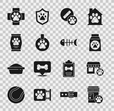 Köpek ilacı şişesi Veteriner hastanesi çanta dolusu gıda hapı yakası, isim etiketi kliniği ve balık iskeleti ikonu. Vektör.