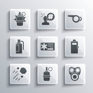 El bombası maskesi takın Polis saldırı rozeti Uçan Taş ve Düdük ikonu. Vektör.