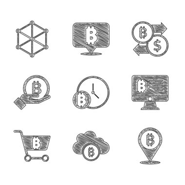 Bitcoin 'i saat kripto para bulutu madencilik bitcoin' i alışveriş arabası el değiştirme monitöründen ve engelleme teknolojisi ikonundan ayarlayın. Vektör.