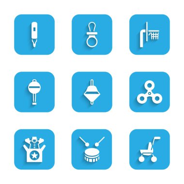 Davul bagetleriyle Whirligig oyuncağı Davul Bebek Bebek Bebek Bebek Bebek Bebek Bebek Bebek Bebek Bebek Bebek Bebek Bebek Bebek Bebek Döndürücü Jack 'i tahta ve İşaretli kalem ikonu ile ayarla. Vektör.