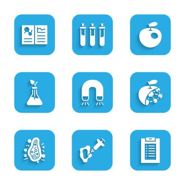 Mıknatıs Şırıngası Klinik kayıtlarına göre Biyolojik Yapı Bakteri Fabrikası genetik olarak değiştirilmiş elma ve ikon üretiyor. Vektör.