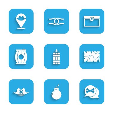 Dinamit Bombası 'nı Korsan Korsan hazine haritası şapka barut fıçısı antika sandık ve ikonu patlatmaya hazır hale getir. Vektör.