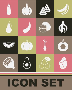 Patates Şeftali, soğan, karpuz, patlıcan armudu ve kivi ikonu. Vektör.