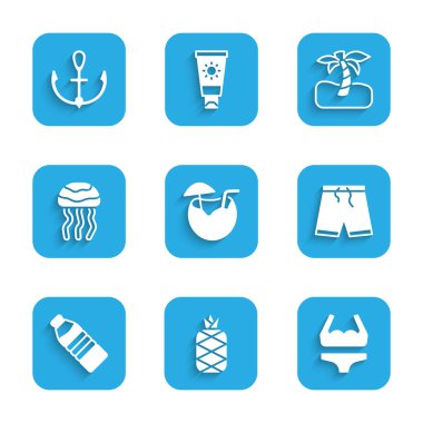 Hindistan cevizi kokteyli Ananas Mayo Mayo Mayo Şişe Su Denizanası Tropik palmiye ağacı ve Anchor ikonu. Vektör.